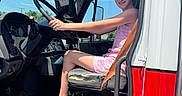 Amberlyn joined the competition — help win amazing prizes! barefoot, candid, child, dashboard, dashboard_controls, door, girl, keys, pedals, pink_dress, seat, seatbelt, side_mirror, smile, steering_wheel, summer, sunlight, truck, vehicle_interior, window