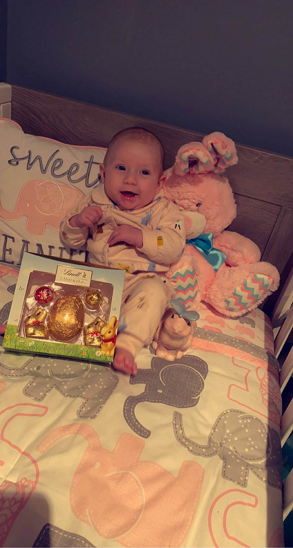 Willow is registered to the contest to win money with this photo: baby, baby_toys, box, cheek, child, doll, event, happy, linens, person, pink, room, sitting, smile, stuffed_toy, sweetness, teddy_bear, textile, toddler, toy