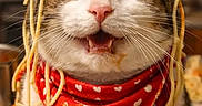 Lala joined the competition — help win amazing prizes! cat, chef_hat, red_bandana, spaghetti, noodles, food, messy, cute, green_eyes, pet, animal, portrait, indoors, funny, costume, white_fur, tabby, face, closeup, playful