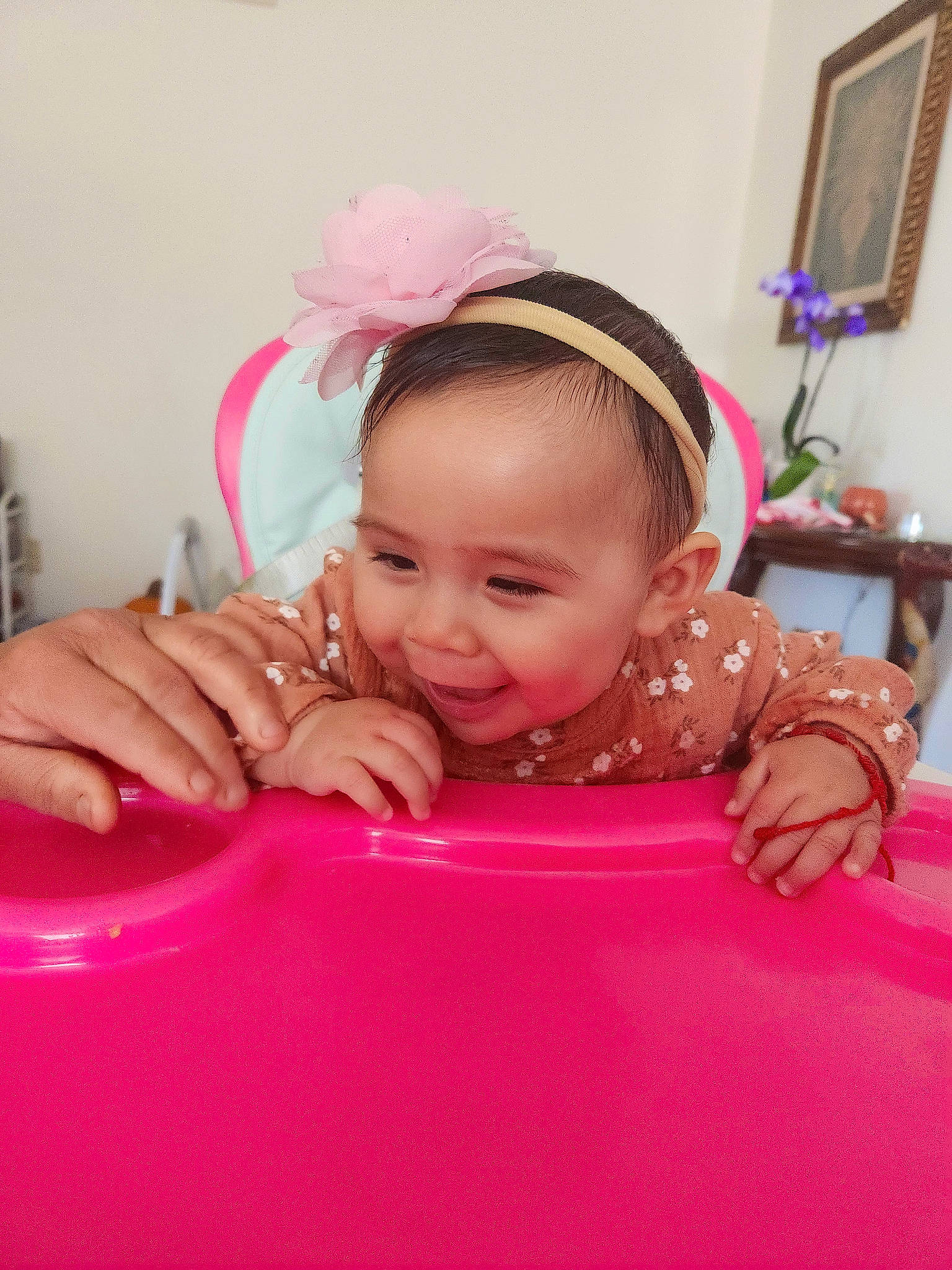 Isabella is registered to the contest to win money with this photo: baby, baby_toddler_clothing, cheek, child, comfort, eyelash, fashion_accessory, flowerpot, fun, happy, headband, headpiece, joy, magenta, person, picture_frame, pink, skin, sleeve, smile