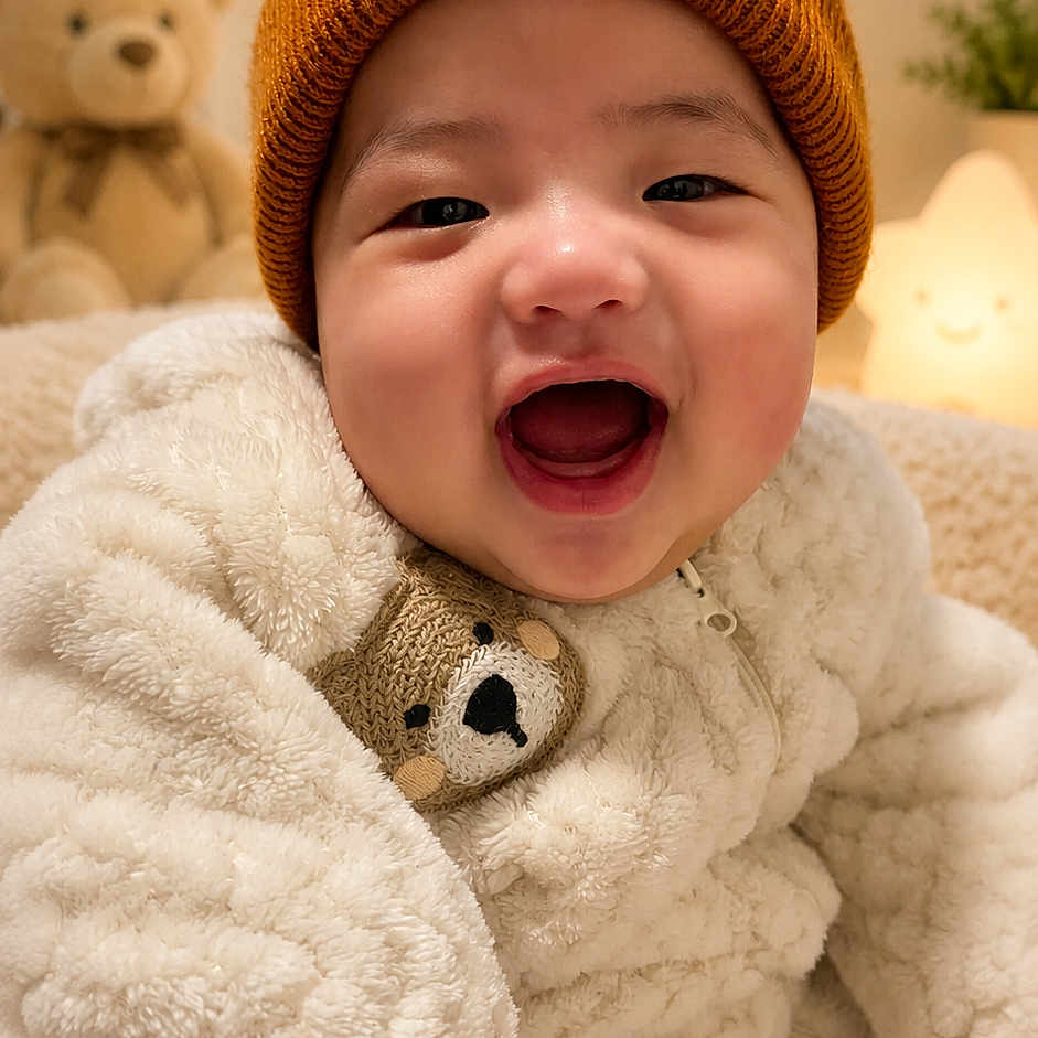 Elias is registered to the contest to win money with this photo: baby, child, smiling, beanie, teddy_bear, plush, warm_clothing, indoor, cute, happy, cozy, soft_lighting, portrait, infant, face, apparel, toy, cute_expression, fuzzy_texture, nursery