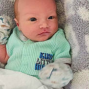Oliver joined the competition — help win amazing prizes! baby, infant, blanket, clothing, mittens, face, person, portrait, lying_down, cute, soft_texture, patterned_blanket, newborn, young_child, sleepwear, mint_green, small_hands, resting, indoors, closeup