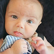 Buckley joined the competition — help win amazing prizes! adorable, baby, child, closeup, cloth, cute, expression, face, hand, holding, indoors, infant, looking, person, portrait, sitting, skin, soft, striped, young