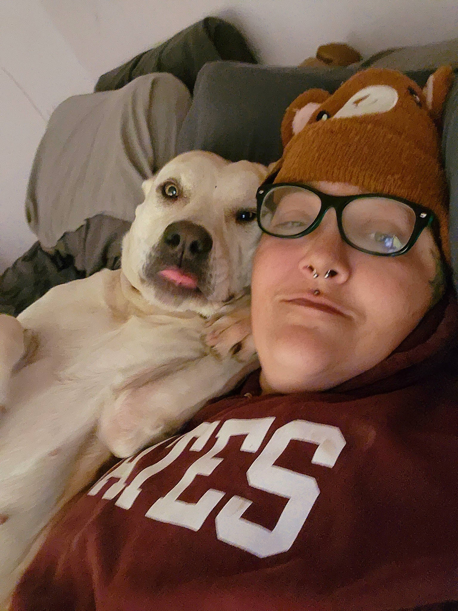 Mavis Ann joined the competition — help win amazing prizes! cap, carnivore, child, comfort, companion_dog, couch, dog, dog_breed, eyewear, fawn, fur, glasses, selfie, snout, sporting_group, sunglasses, t_shirt, toy_dog, vision_care, whiskers