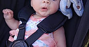 Sylvia is registered to the contest to win money with this photo: adorable, baby, blanket, blue_eyes, child, close_up, cute, expression, face, infant, outdoor, person, pink_clothing, portrait, safety_harness, seated, small_hand, soft_texture, stroller, young_child