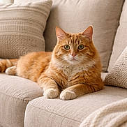 Goldie is registered to the contest to win money with this photo: cat, orange_tabby, pet, feline, indoor, sofa, couch, pillows, resting, relaxed, fur, whiskers, green_eyes, home, cozy, furniture, domestic_animal, cute, animal, mammal