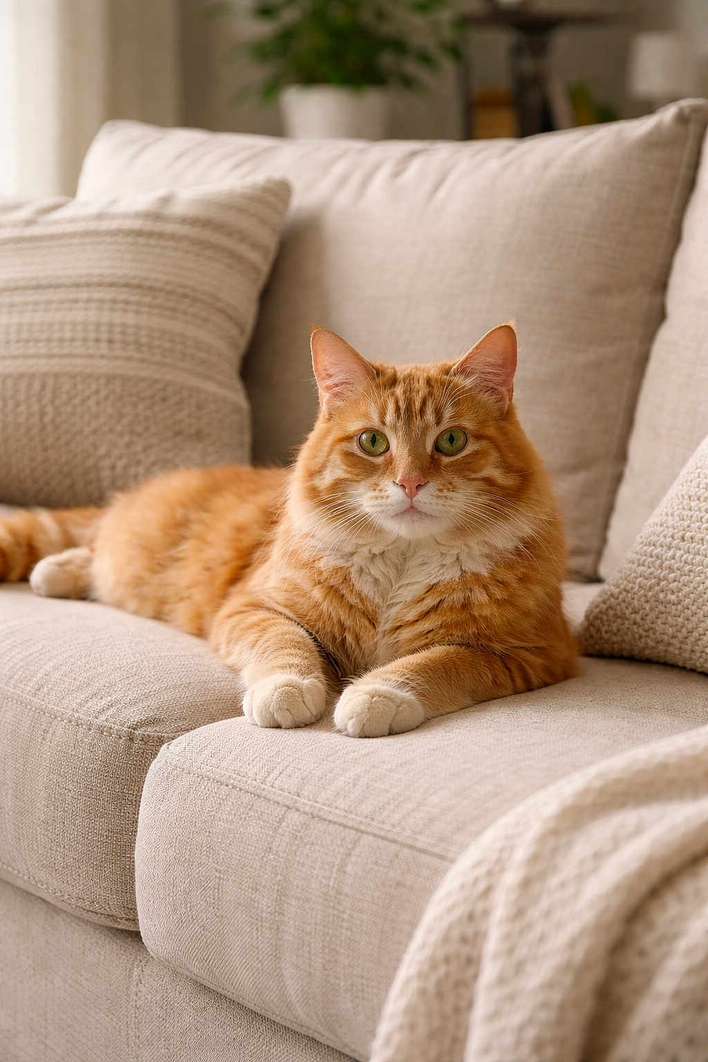 Goldie is registered to the contest to win money with this photo: cat, orange_tabby, pet, feline, indoor, sofa, couch, pillows, resting, relaxed, fur, whiskers, green_eyes, home, cozy, furniture, domestic_animal, cute, animal, mammal