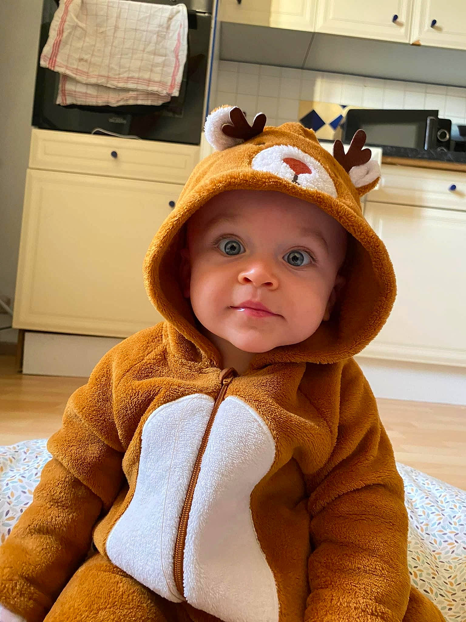 Isaac a rejoint le concours — aidez-le/la à gagner de superbes lots ! baby_toddler_clothing, blond, cabinetry, cap, cheek, child, comfort, fashion_accessory, flooring, fur, head, headgear, headwear, kitchen_appliance, lip, outerwear, person, sitting, sleeve, toddler