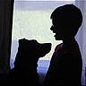 Ruby is registered to the contest to win money with this photo: animal, backlit, boy, calm, child, companion, curtain, dark, dog, friendship, human, indoor, light, pet, profile, quiet, shadow, side_view, silhouette, window