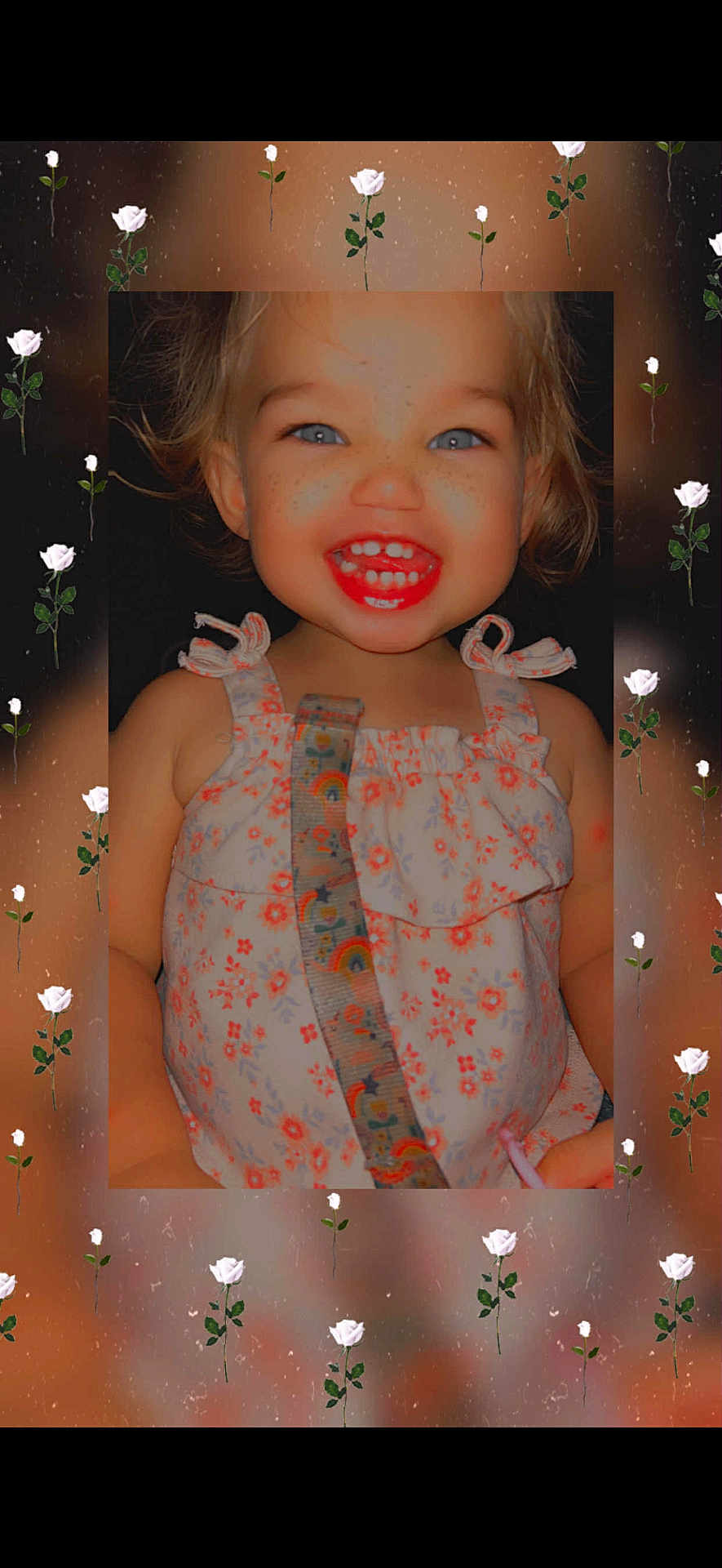 Atlas is registered to the contest to win money with this photo: toddler, child, smiling, blue_eyes, freckles, dress, floral_pattern, rainbow_strap, portrait, happy, cute, face, person, young_child, indoors, colorful, fashion, baby, closeup, flower_frame