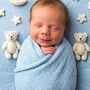 Tuff is registered to the contest to win money with this photo: baby, baby_photography, blue_blanket, cozy, crescent_moon, cute, face, indoors, infant, laying_down, newborn, nursery, peaceful, portrait, sleeping, smiling, stars, stuffed_animals, swaddled, teddy_bears