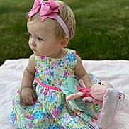 Maria is registered to the contest to win money with this photo: toddler, child, baby, outdoor, grass, blanket, dress, floral_pattern, headband, pink_bow, stuffed_animal, bunny, toy, sitting, cute, portrait, soft_light, summer, playtime, happy