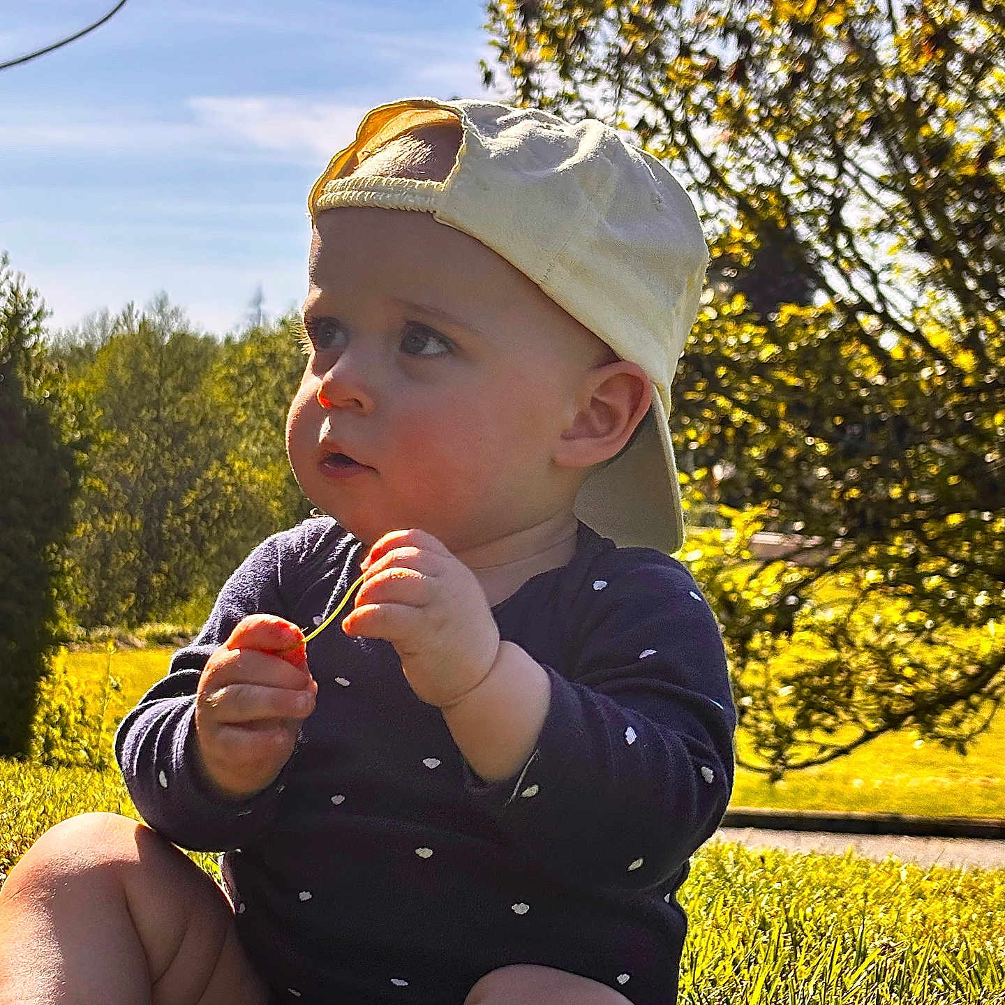 Marius Moreau participe au concours pour gagner de l'argent avec cette photo : baby, child, grass, outdoor, sunlight, hat, yellow_cap, nature, greenery, tree, flower, sitting, cute, daylight, young_child, playing, face, person, casual_clothing, summer