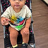 Layla Grace is registered to the contest to win money with this photo: baby, casual_clothing, child, colorful, curious, cute, expression, floor, footwear, hand, indoor, legs, pattern, person, seated, sneakers, stroller, toddler, tshirt, young_child