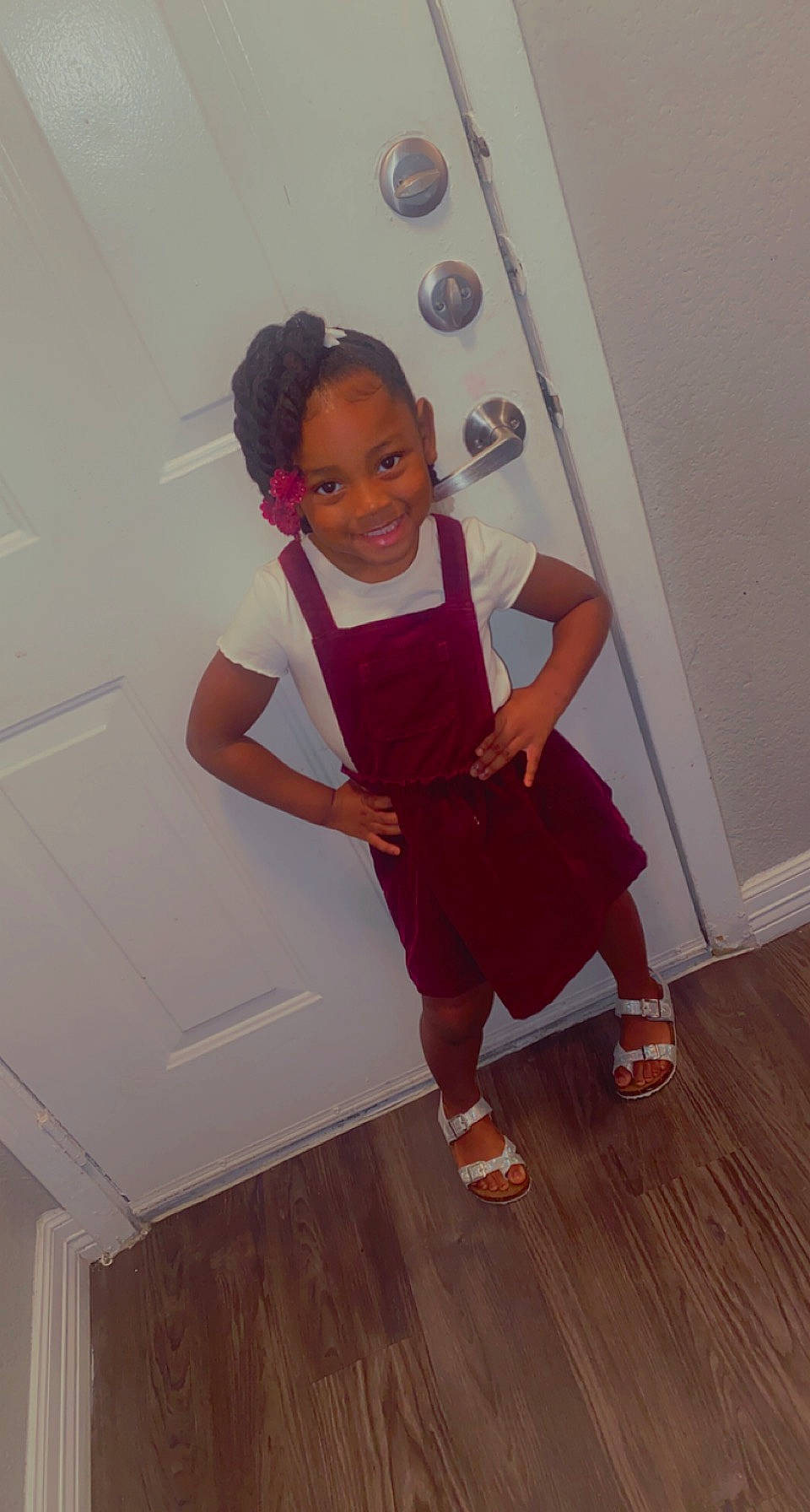 Armauni joined the competition — help win amazing prizes! baby_toddler_clothing, door, dress, flooring, fun, happy, hardwood, human_leg, joy, knee, laminate_flooring, person, sleeve, smile, sock, standing, thigh, toddler, trunk, varnish