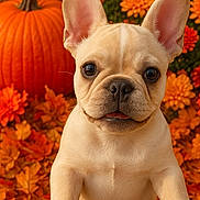 Louie joined the competition — help win amazing prizes! french_bulldog, puppy, dog, autumn, fall, pumpkin, orange_leaves, flowers, outdoor, cute, pet, animal, looking_up, close_up, nature, seasonal, leaf_litter, portrait, small_dog, playful