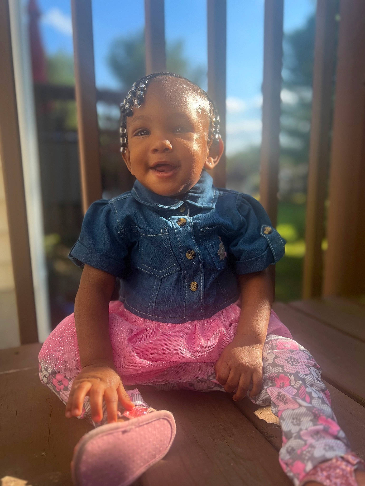 Naomi joined the competition — help win amazing prizes! baby_toddler_clothing, child, eye, face, flooring, foot, fun, happy, hat, knee, magenta, person, pink, sitting, skin, sky, sleeve, smile, thigh, toddler