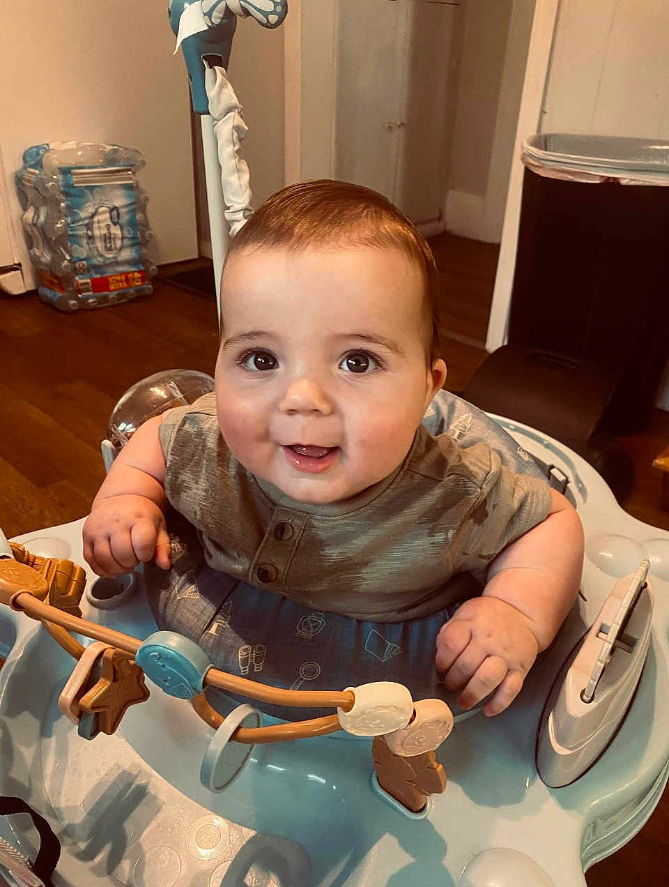 Rhett is registered to the contest to win money with this photo: baby, walker, toy, child, indoor, smiling, happy, face, hands, clothing, floor, furniture, home, plastic, wooden_floor, container, person, cute, play, infant
