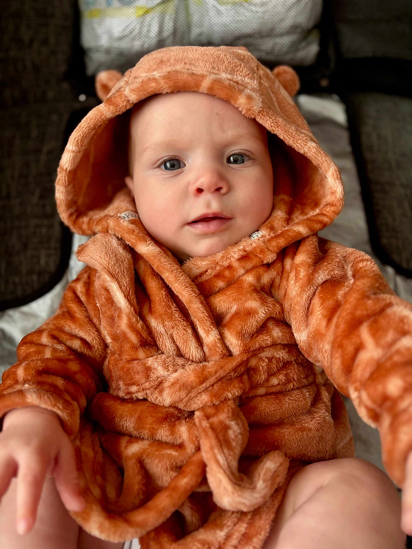 Axl is registered to the contest to win money with this photo: baby, child, infant, hood, robe, orange, fuzzy, soft, cute, ears, clothing, sitting, portrait, face, eyes, hand, skin, indoor, warm, comfort