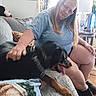 Bandit joined the competition — help win amazing prizes! person, dog, couch, indoor, glasses, long_hair, petting, happy_dog, blurred_motion, lamp, table, cup, plush_toy, curtains, casual_clothing, carpet, sitting, home, smiling, living_room