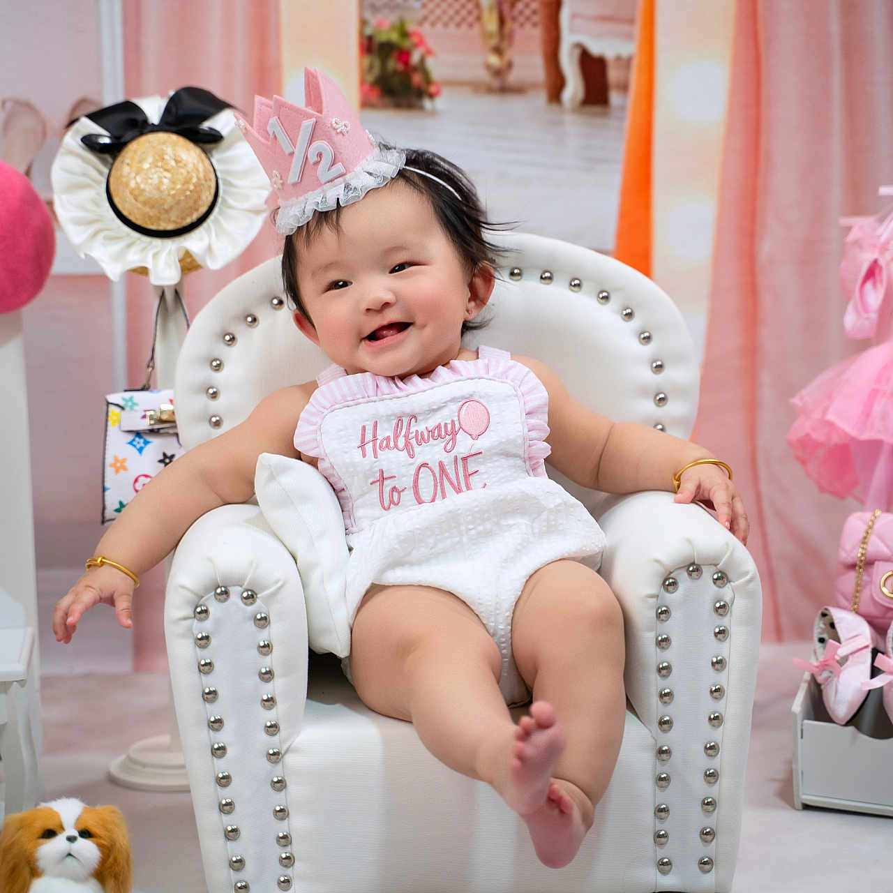 Blaire joined the competition — help win amazing prizes! baby, child, birthday, party_hat, armchair, pink, decorations, cake, toys, smiling, happy, clothing, shoes, plush_toy, celebration, indoor, festive, cute, infant, portrait