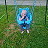 baby, child, swing, playground, grass, outdoor, blue, seat, smile, happy, barefoot, clothing, park, daylight, nature, rope, fun, person, toddler, safety_strap