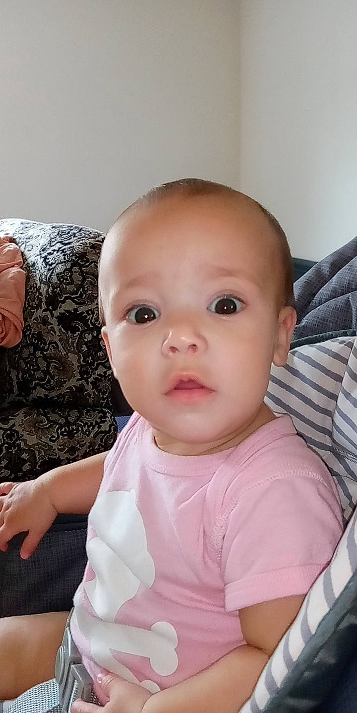 Aubrielle joined the competition — help win amazing prizes! baby, baby_safety, baby_toddler_clothing, blond, cheek, chin, comfort, dress, eyebrow, eyelash, hairstyle, iris, lip, mouth, neck, nose, person, pink, skin, sleeve