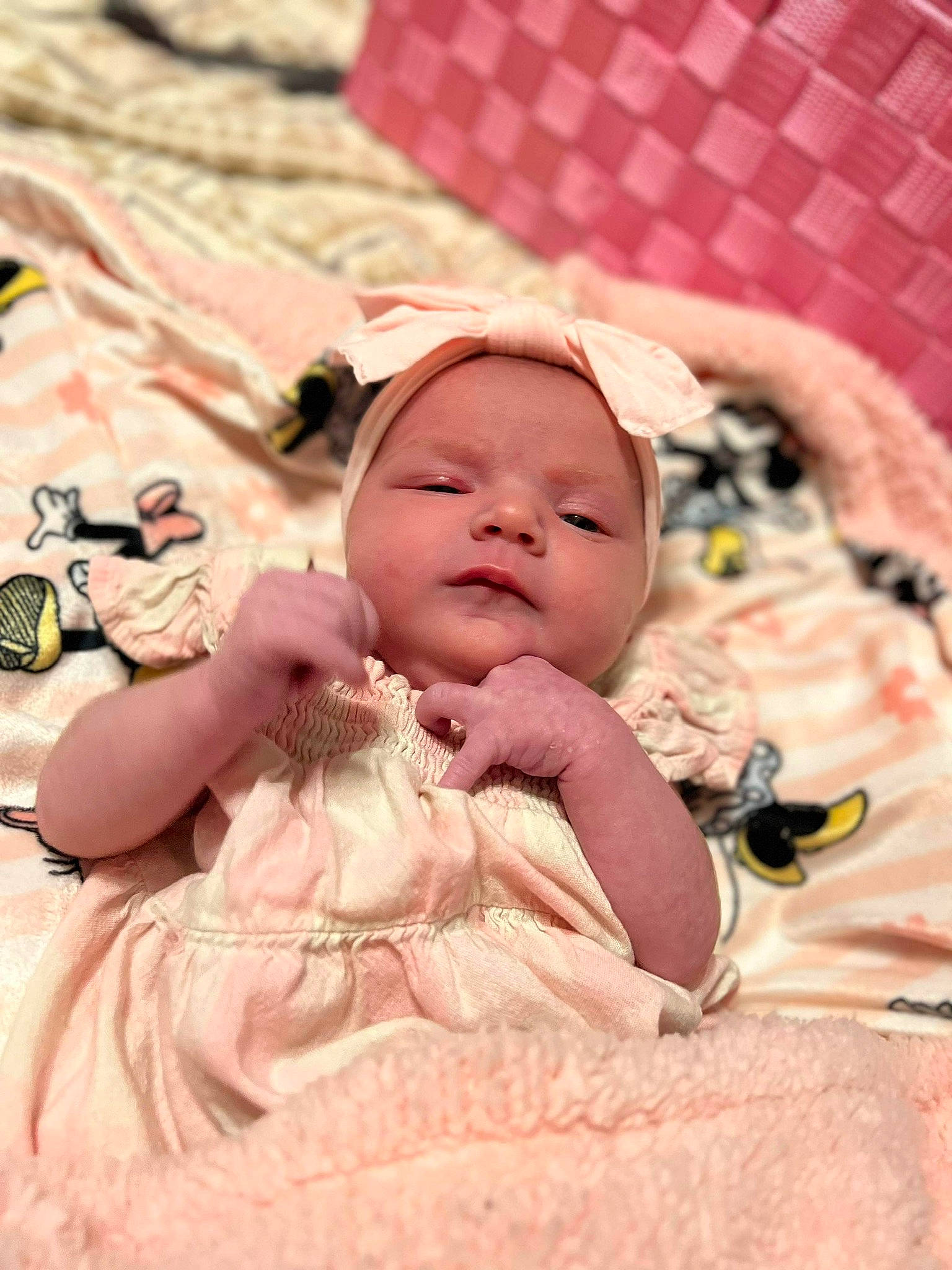 Hadley joined the competition — help win amazing prizes! baby, baby_safety, baby_sleeping, baby_toddler_clothing, bed, bedding, bedtime, cheek, child, comfort, fun, happy, head, linens, pattern, person, pink, room, skin, textile