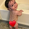 baby, bathroom, bathtub, bubbles, child, cute, floor, hair, hand, happy, looking_back, naked, playful, privacy_heart, room, skin, smile, standing, tile, toddler