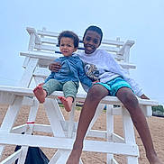 Bleu Enzo Caban joined the competition — help win amazing prizes! child, children, beach, sand, lifeguard_chair, white_chair, smile, barefoot, casual_clothing, outdoor, cloudy_sky, playful, friendship, summer, fun, young, portrait, two_people, sitting, relaxed