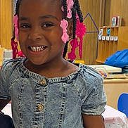Dalia Ann joined the competition — help win amazing prizes! braided_hair, bright_lighting, buttoned_dress, casual_clothing, chair, child, classroom, cute, denim_dress, educational_toys, girl, happy, indoor, pink_hair_clips, playroom, portrait, smiling, table, wooden_walls, young_child