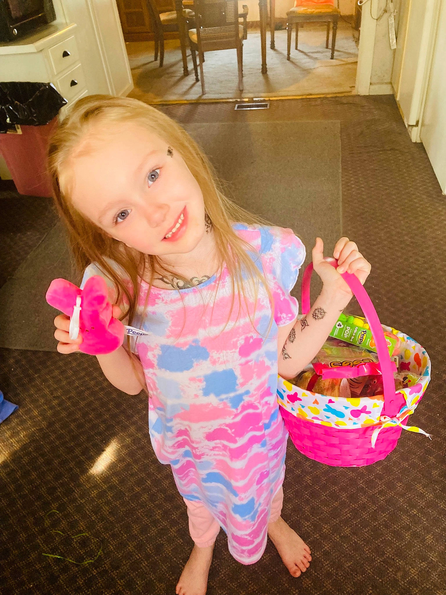 Harmony is registered to the contest to win money with this photo: barefoot, child, event, finger, flooring, fun, hair, hairstyle, happy, head, human_leg, joy, leisure, magenta, pattern, person, pink, play, smile, thigh