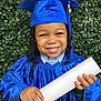 child, smiling, graduation, cap, gown, diploma, portrait, celebration, happy, young, education, achievement, outdoor, greenery, person, headwear, holding, blue, closeup, formal