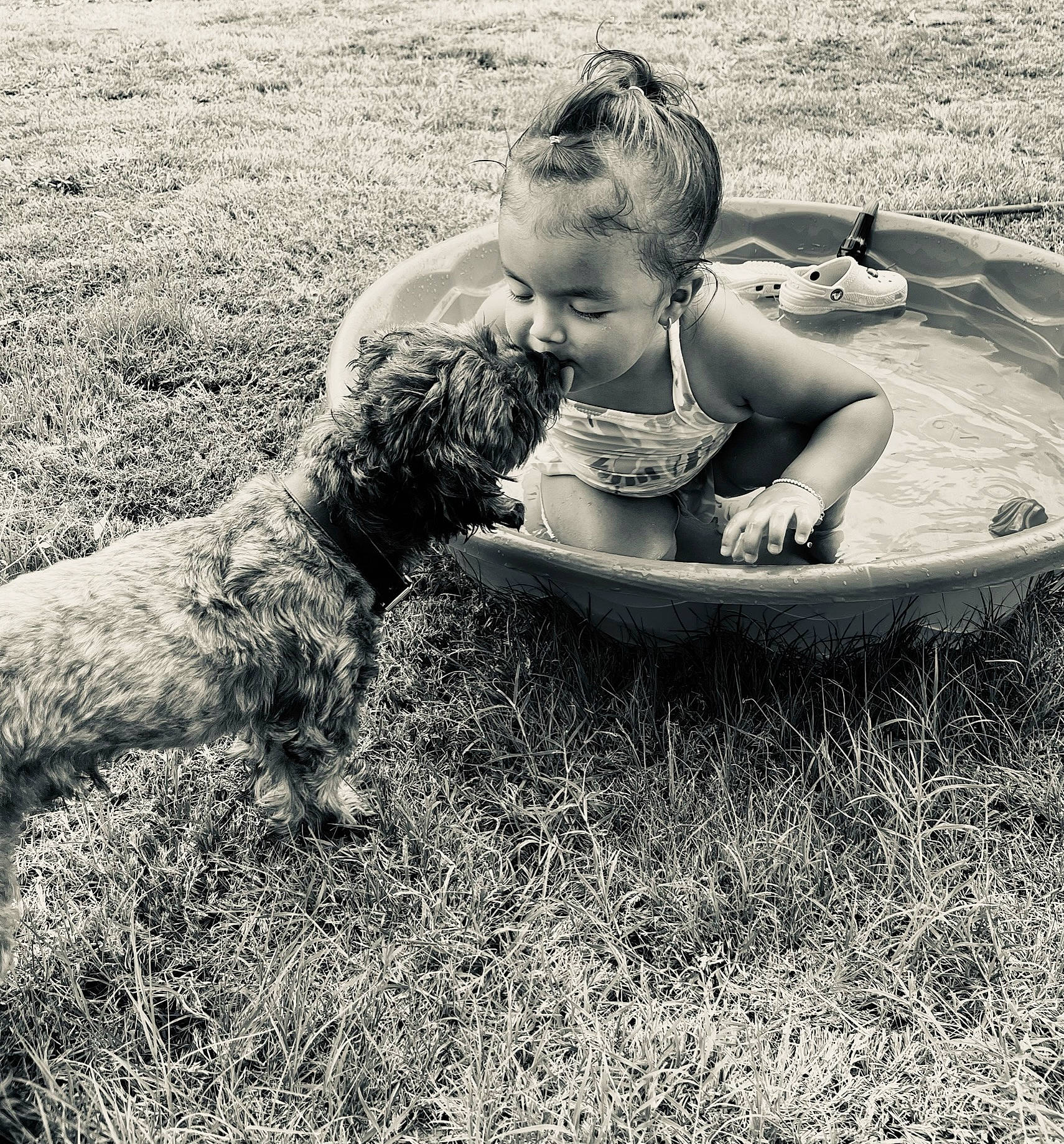 Kehlani is registered to the contest to win money with this photo: bathing, child, dog, fun, grass, happy, head, human_body, landscape, monochrome, monochrome_photography, people_in_nature, person, plant, play, recreation, sand, shorts, sitting, soil