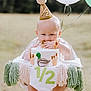 baby, high_chair, cake, party_hat, balloon, outdoor, grass, celebration, tassel_banner, duck, half_birthday, child, foot, hand, face, cute, food, event, festive, infant