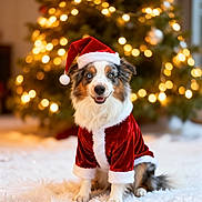 Utchy participe au concours pour gagner de l'argent avec cette photo : australian_shepherd, blue_eyes, celebration, christmas, cozy, cute, decorations, dog, festive, fur, holiday, indoor, lights, pet, santa_hat, santa_suit, smiling, tree, white_rug, winter