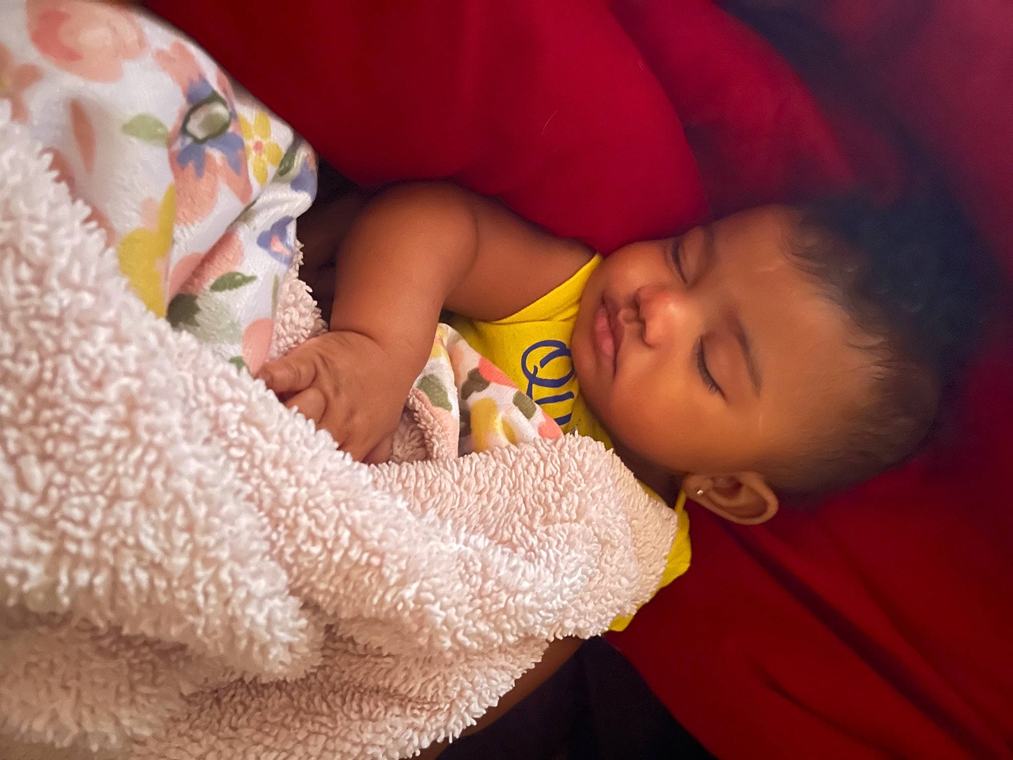 Asherah-serenity is registered to the contest to win money with this photo: baby, baby_toddler_clothing, cheek, child, comfort, finger, fun, happy, head, iris, linens, mouth, nail, nose, orange, pattern, person, skin, toddler, wool