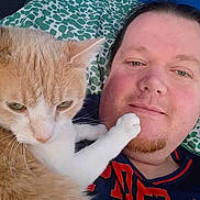 Naki joined the competition — help win amazing prizes! bed, cat, close_up, cozy, facial_hair, ginger_cat, human_face, indoor, owner_and_pet, patterned_pillow, paw_on_face, person, pet, pillow, portrait, relaxed, selfie, t_shirt, whiskers, white_fur