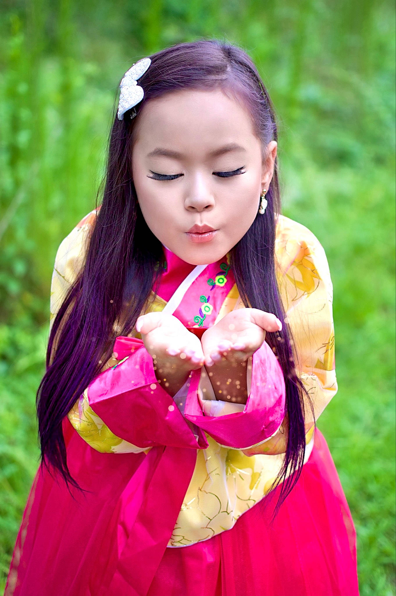 Precious is registered to the contest to win money with this photo: bangs, black_hair, doll, event, eyelash, fashion_design, formal_wear, grass, happy, jewellery, kimono, long_hair, magenta, makeover, people_in_nature, person, pink, purple, textile, toy