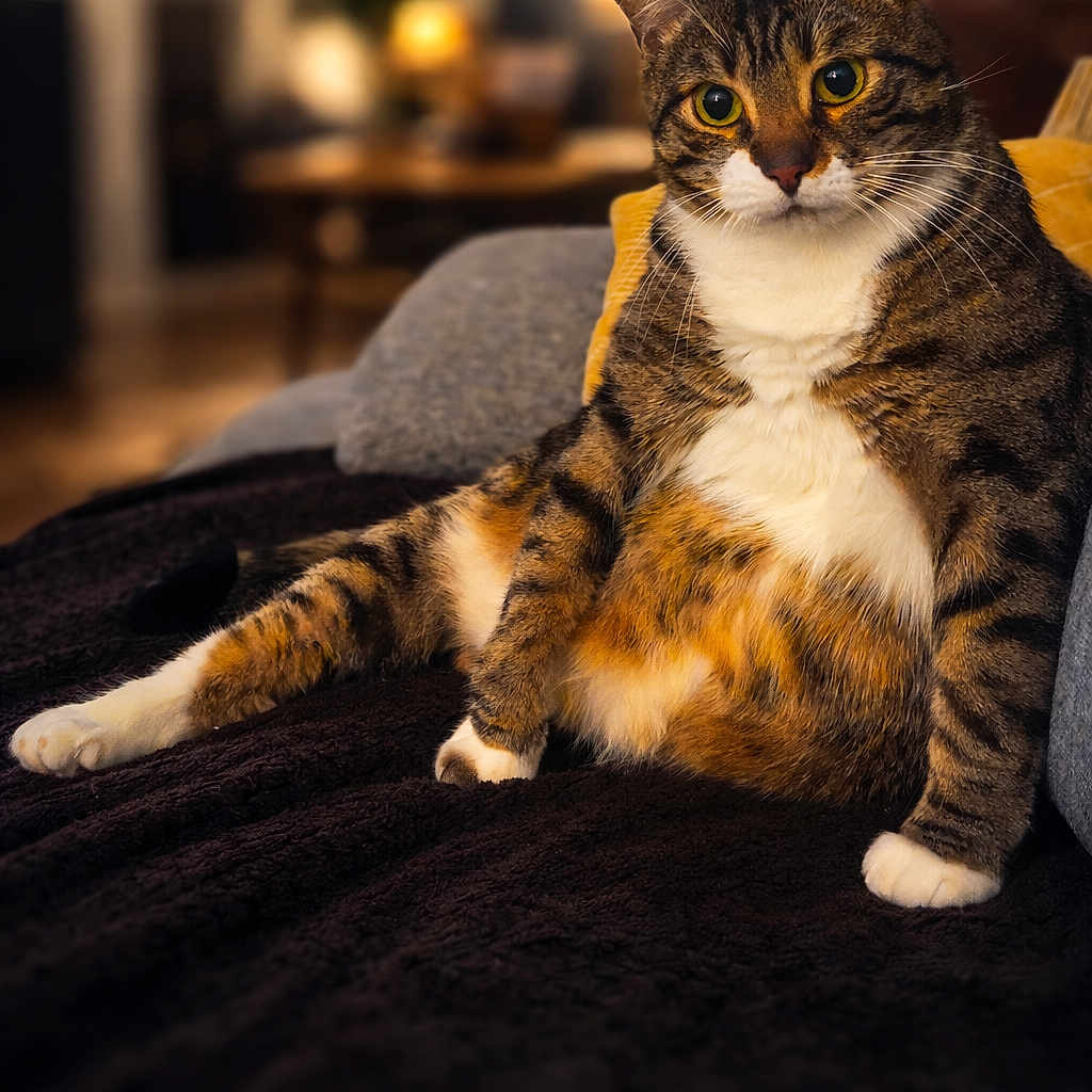 Happy a rejoint le concours — aidez-le/la à gagner de superbes lots ! cat, tabby_cat, white_paws, orange_patches, relaxed, sitting, indoor, cozy, blanket, couch, living_room, furniture, soft_lighting, curious_look, pet, animal, fur, whiskers, ears, eyes