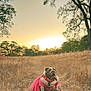 bulldog, dog, pink_tutu, costume, outdoor, field, dry_grass, sunset, trees, nature, animal, pet, cute, portrait, mammal, brown, white, grass, sky, scenic