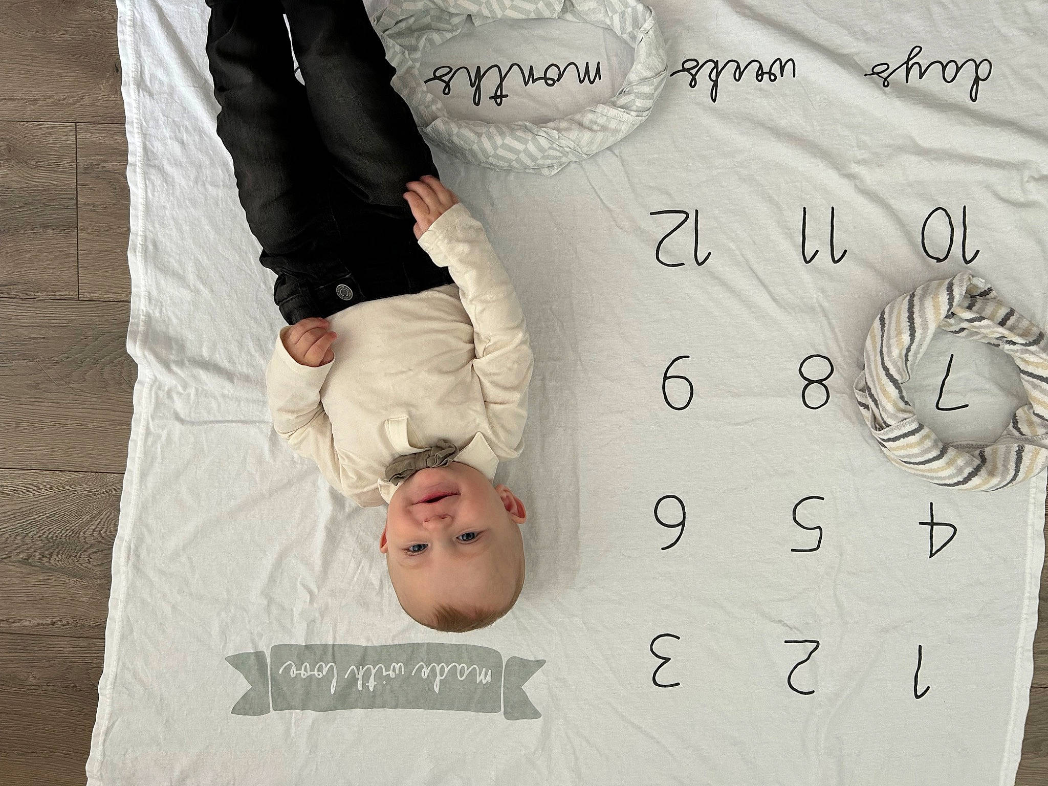 Graeson joined the competition — help win amazing prizes! baby_toddler_clothing, comfort, elbow, finger, font, foot, gesture, happy, joy, linens, nail, pattern, person, product, sleeve, smile, stomach, t_shirt, textile, thumb