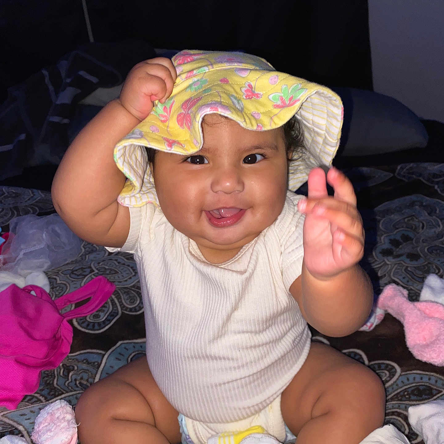Inez joined the competition — help win amazing prizes! accessories, baby, bag, bodypart, bonnet, cap, clothing, face, finger, hand, handbag, happy, hat, head, person, photography, portrait, sitting, smile, sunhat