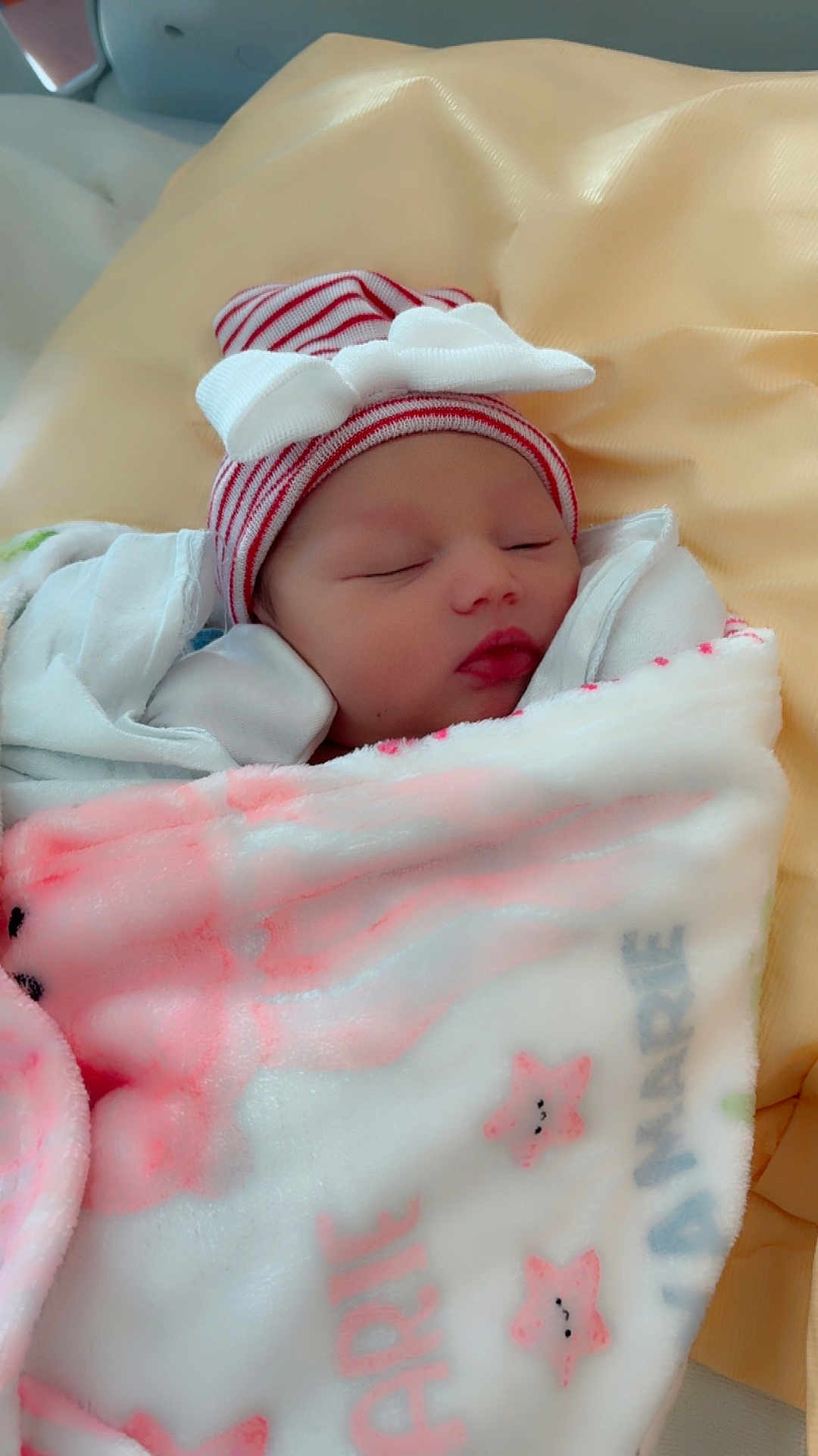 Samiya joined the competition — help win amazing prizes! newborn, baby, sleeping, blanket, hat, bow, striped, face, infant, cute, soft, wrapped, pink, white, yellow, star, peaceful, child, portrait, cozy