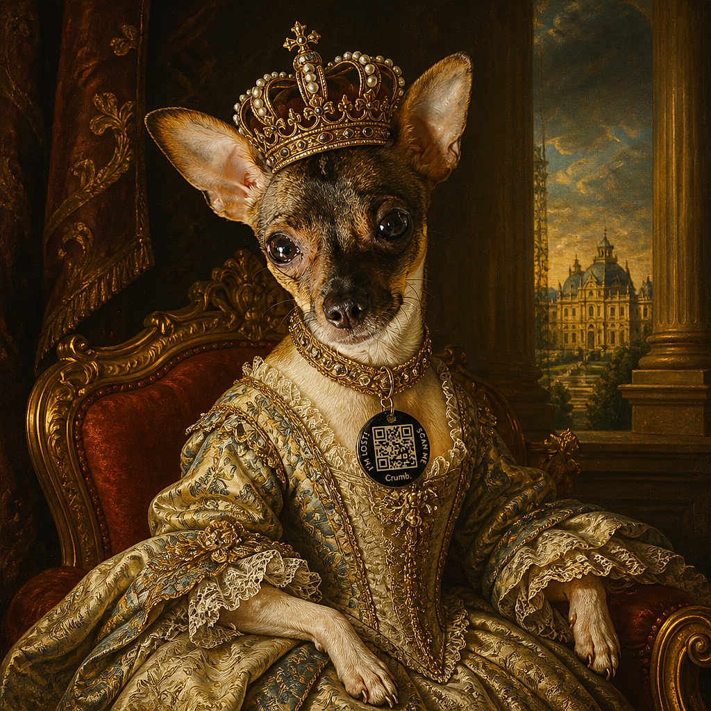 Misha is registered to the contest to win money with this photo: dog, chihuahua, portrait, crown, royal, throne, costume, ornate, jewelry, collar, medallion, palace, interior, seated, formal, regal, small_dog, fashion, painting_style, dramatic_lighting