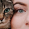 animal, blue_eyes, cat, close_up, companion, eye, eyelashes, face, fur, intimacy, mouth, nose, person, pet, portrait, similarity, skin, split_face, tabby_cat, whiskers