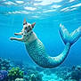 animal, aquatic, blue_water, cat, coral_reef, cute, fantasy, fish, marine_life, mermaid_tail, nature, necklace, ocean, pets, playful, scales, sea_creature, surreal, swimming, underwater