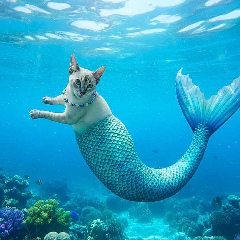 Bella Baby is registered to the contest to win money with this photo: animal, aquatic, blue_water, cat, coral_reef, cute, fantasy, fish, marine_life, mermaid_tail, nature, necklace, ocean, pets, playful, scales, sea_creature, surreal, swimming, underwater