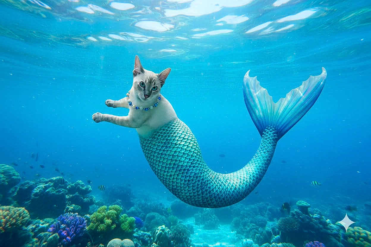 Bella Baby is registered to the contest to win money with this photo: animal, aquatic, blue_water, cat, coral_reef, cute, fantasy, fish, marine_life, mermaid_tail, nature, necklace, ocean, pets, playful, scales, sea_creature, surreal, swimming, underwater