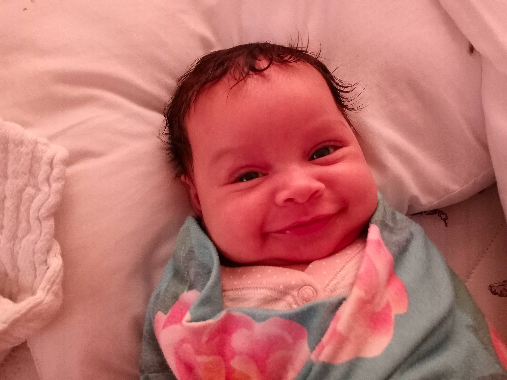 Adalynn joined the competition — help win amazing prizes! baby, baby_toddler_clothing, cheek, child, close_up, comfort, eyelash, finger, gesture, happy, iris, joy, linens, lip, mouth, nose, person, pink, skin, smile